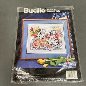 Bucilla Stamped Cross Stitch Chums 14 x 12 Puppies Cat Kit 40638 Linda Gillum